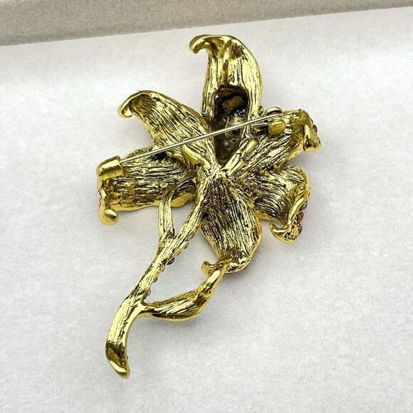 Yellow Gold with Burnt Orange and Champagne Crystal Lily Flower Pin Back Brooch - Picture 8 of 9